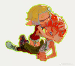 1boy 1girl absurdres blonde_hair commentary_request creamyghost green_outline green_pants hetero highres hug inkling inkling_girl inkling_player_character nintendo octoling octoling_boy octoling_player_character open_mouth outline pants pink_eyes pointy_ears red_shirt shirt short_hair sitting splatoon_(series) tentacle_hair white_shirt
