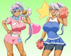 1girl bakugan blush breasts cheerleader cleavage dark_skin happy hokuto_(tokuho) huge_breasts julie_heyward smile standing waitress wink