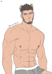 Rule 34 | 1boy, abs, alca (wakatanka4), animal ears, bara, beard, black hair, boxers, facial hair, full beard, grey male underwear, gyee, highres, katto8452, large pectorals, lion boy, lion ears, male focus, male underwear, mature male, muscular, muscular male, navel, nipples, original, pectorals, short hair, sitting, solo, stomach, thick eyebrows, topless male, undercut, underwear, unfinished, white background