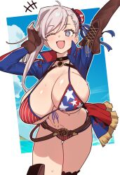 1girl ;d absurdres american_flag american_flag_bikini american_flag_print bikini blue_eyes blue_shrug breasts brown_gloves bun_cover commentary ebora english_commentary fate/grand_order fate_(series) fingerless_gloves flag_print gloves hair_bun highres large_breasts miyamoto_musashi_(fate) miyamoto_musashi_(fate/grand_order) miyamoto_musashi_(swimsuit_berserker)_(fate) miyamoto_musashi_(swimsuit_berserker)_(second_ascension)_(fate) one_eye_closed open_mouth pink_hair print_bikini shrug_(clothing) single_hair_bun smile solo sweat swimsuit