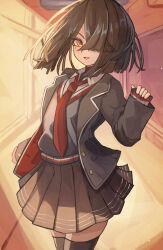 1girl black_hair black_thighhighs breasts brown_eyes fate/grand_order fate_(series) full_body hair_over_one_eye hallway highres indoors long_sleeves looking_at_viewer mole mole_under_eye neckerchief open_mouth pleated_skirt red_neckerchief roy_(roy_pomu) school school_uniform short_hair skirt sleeves_past_wrists small_breasts solo standing thighhighs window xu_fu_(fate)