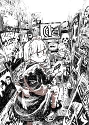 1girl :o bow dress frills glasses gun handgun hatching_(texture) holding holding_gun holding_weapon looking_back maid mary_janes matsuda_kouta monochrome original poster_(object) round_eyewear shoes solo squat_toilet squatting toilet_paper toilet_stall toilet_use weapon