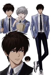 2boys bag belt belt_buckle black_belt black_hair black_jacket black_necktie black_pants blue_jacket brown_bag buckle cardcaptor_sakura closed_eyes closed_mouth collared_shirt eating food full_body glasses grey_hair highres holding holding_food jacket kinomoto_touya looking_at_another looking_at_viewer male_focus multiple_boys multiple_views necktie open_mouth pants paper_bag revision school_uniform shirt shoes simple_background sso_s tsukishiro_yukito upper_body white_background white_shirt white_shoes