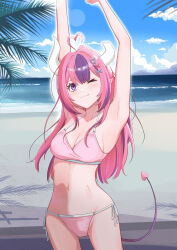 Rule 34 | 1girl, ahoge, asymmetrical horns, beach, bikini, blue sky, blush, breasts, closed mouth, cloud, cloudy sky, collarbone, day, demon horns, demon tail, fangs, hair ornament, hairclip, heart, heart ahoge, heart hair ornament, highres, horns, ironmouse, long hair, multicolored hair, navel, ocean, one eye closed, outdoors, palm tree, pink bikini, pink eyes, pink hair, pink tail, purple hair, sand, side-tie bikini bottom, sky, smile, solo, stomach, streaked hair, swimsuit, tail, thighs, tree, two-tone hair, user ckjz8743, virtual youtuber, vshojo, white horns