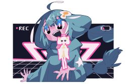 2girls ahoge alternate_costume battery_indicator blade blue_eyes blush_stickers border braid bright_pupils chinese_commentary commentary cropped_torso grey_hair grey_hoodie hair_ornament hand_up headgear hood hood_down hoodie in_palm japanese_clothes jitome kimono kizuna_akari litamisu long_hair long_sleeves looking_at_viewer mini_person minigirl multiple_girls open_mouth outside_border outstretched_hand recording red_eyes sharp_teeth short_hair short_kimono silhouette smile standing star_(symbol) tareme teeth touhoku_kiritan twin_braids twintails vaporwave vocaloid voiceroid white_border white_pupils