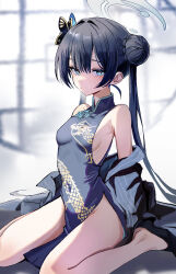 1girl absurdres bare_legs bare_shoulders black_dress black_hair black_jacket black_shoes blue_archive blue_eyes blush braid braided_bun breasts butterfly_hair_ornament china_dress chinese_clothes closed_mouth commentary covered_navel double_bun dragon_print dress franz2543 grey_halo hair_between_eyes hair_bun hair_ornament half-closed_eyes halo high_heels highres jacket kisaki_(blue_archive) loli long_hair looking_at_viewer off_shoulder pelvic_curtain seiza shoes sideboob sitting sleeveless sleeveless_dress small_breasts solo thighs twintails very_long_hair