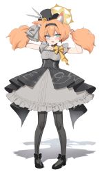 Rule 34 | 1girl, absurdres, animal ear fluff, animal ears, black choker, black hairband, black hat, black pantyhose, black shoes, black skirt, blue archive, blue eyes, blush, cat ears, cat girl, choker, d (delt4), earrings, extra ears, flower, grey shirt, hair between eyes, hair flower, hair ornament, hairband, hat, highres, holding, holding own hair, jewelry, looking at viewer, low twintails, mari (blue archive), mari (idol) (blue archive), official alternate costume, open mouth, orange hair, pantyhose, ribbon, shirt, shoes, skirt, solo, striped clothes, striped pantyhose, twintails, vertical-striped clothes, vertical-striped pantyhose, white flower, yellow flower, yellow ribbon
