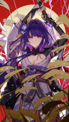 1girl absurdres ai_dongdong arms_up black_bow black_shrug bow breasts chinese_commentary cleavage closed_mouth commentary_request cowboy_shot genshin_impact hair_ornament highres holding holding_sword holding_weapon japanese_clothes katana kimono long_hair looking_at_viewer medium_breasts mole mole_under_eye musou_isshin_(genshin_impact) purple_eyes purple_hair purple_kimono raiden_shogun red_sash sash shrug_(clothing) solo sword thighs weapon