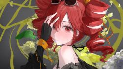 1girl absurdres alternate_costume armband armpit_crease black_background black_camisole black_gloves blush camisole chan1moon drill_hair eyewear_on_head fingerless_gloves flower from_side gloves green_background hair_between_eyes hair_ribbon hairband hashtag-only_commentary highres kasane_teto kasane_teto_(sv) looking_at_viewer orange_hairband parted_lips plant red_eyes red_hair ribbon solo synthesizer_v twin_drills utau white_ribbon yellow_flower