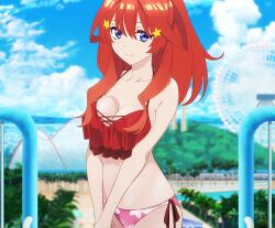 1girl absurdres anime_screenshot bare_shoulders bikini blue_eyes breasts breasts_squeezed_together cleavage closed_mouth collarbone dot_nose female_focus go-toubun_no_hanayome hair_ornament highres large_breasts looking_at_viewer midriff nakano_itsuki navel ponytail red_bikini red_hair sleeveless smile solo solo_focus star_(symbol) star_hair_ornament stomach swimsuit