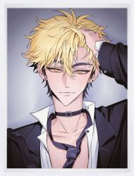 1boy alternate_costume arm_up black_choker black_hair black_jacket black_necktie blonde_hair border chinese_commentary choker closed_mouth collarbone collared_shirt ear_piercing earrings eyebrow_piercing eyelashes face_piercing formal_clothes fuqi164630 hair_between_eyes hand_in_own_hair hand_on_own_head hand_up highres jacket jewelry long_sleeves looking_at_viewer loose_necktie male_focus multicolored_hair necktie open_clothes outside_border piercing shiguang_dailiren shirt short_hair smile solo suit two-tone_hair upper_body white_border white_shirt xia_fei yellow_eyes