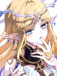 1girl bare_shoulders black_collar blonde_hair blue_eyes cartethyia_(wuthering_waves) collar commentary_request crown_of_thorns earrings finger_to_mouth hands_up highres jewelry long_hair looking_at_viewer necklace okawaoshio parted_bangs parted_lips pointy_ears portrait sidelocks simple_background solo tacet_mark_(wuthering_waves) white_background wuthering_waves