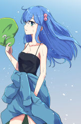 1girl bare_shoulders black_camisole blue_background blue_eyes blue_hair blue_jacket blush breasts camisole cleavage clothes_around_waist collarbone commentary_request cowboy_shot eyelashes floating_hair gradient_background green_hat hair_between_eyes hair_bobbles hair_ornament hat highres holding holding_unworn_clothes holding_unworn_hat jack_(wkm74959) jacket jacket_around_waist kawashiro_nitori long_hair long_sleeves looking_at_viewer newsboy_cap parted_lips small_breasts solo spaghetti_strap touhou unworn_hat unworn_headwear wet white_background