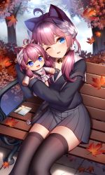 1girl animal_ears bench black_shirt black_skirt black_thighhighs blue_eyes blush cat_ears cat_girl highres indie_virtual_youtuber leaf long_hair looking_at_viewer maple_leaf one_eye_closed parted_lips purple_hair sakurada_hane shirt sitting skirt smile solo thighhighs thighs virtual_youtuber wsman