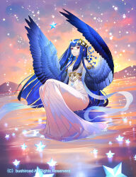 1girl blue_hair blue_wings cardfight!!_vanguard copyright_notice dress feathered_wings flower full_body hair_flower hair_ornament highres long_hair monocle official_art pointy_ears purple_eyes sitting solo spinel_(9057) star_(symbol) white_dress winged_arms wings