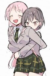 2girls absurdres bang_dream! bang_dream!_it&#039;s_mygo!!!!! brown_eyes chihaya_anon closed_eyes commentary diagonal-striped_clothes diagonal-striped_necktie fang green_necktie green_skirt grey_hair grey_jacket haneoka_school_uniform highres hug hug_from_behind jacket kio_(bangskosko) long_hair multiple_girls nagasaki_soyo necktie open_mouth pink_hair plaid_clothes plaid_skirt school_uniform short_hair simple_background skirt striped_clothes white_background yuri