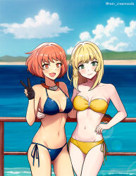 2girls alternate_costume bare_arms bare_legs bare_shoulders beach bikini black_gloves blue_bikini blush boat bob_cut breasts cleavage closed_mouth cloud collarbone eyebrows_hidden_by_hair fire_emblem fire_emblem:_three_houses fire_emblem_warriors:_three_hopes gloves gluteal_fold hand_up head_tilt hug ingrid_brandl_galatea jewelry leonie_pinelli medium_breasts medium_hair midriff multiple_girls navel neck necklace nintendo ocean official_alternate_hairstyle open_mouth outdoors rein_creamsoda short_hair side-by-side side-tie_bikini_bottom sky standing strapless strapless_bikini swimsuit tomboy v water watercraft yellow_bikini