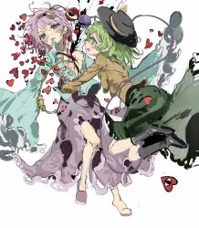 2girls areola_slip black_hairband black_hat blood blouse blue_shirt blush bow buttons diamond_button drooling empty_eyes eyeball frilled_shirt_collar frilled_sleeves frills green_eyes green_hair green_skirt hair_ornament hairband hat hat_bow heart heart_button heart_hair_ornament highres injury komeiji_koishi komeiji_satori long_sleeves multiple_girls murder nosebleed open_mouth pain pink_eyes pink_hair pink_skirt sesmkun shirt short_hair siblings sisters skirt smile stab third_eye touhou wide_sleeves yellow_bow yellow_shirt