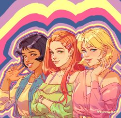 3girls alex_(totally_spies) berrylord black_hair blonde_hair blue_eyes blue_vest cardigan clover_(totally_spies) commentary crossed_arms earrings english_commentary freckles green_eyes jewelry long_hair looking_at_viewer multiple_girls nail_polish orange_hair pink_cardigan pink_nails purple_nails sam_(totally_spies) short_hair smile totally_spies twitter_username upper_body vest