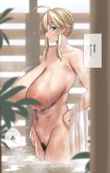 1girl ahoge artoria_pendragon_(fate) artoria_pendragon_(lancer)_(fate) blonde_hair braid breasts commentary completely_nude convenient_censoring crown_braid fate/grand_order fate_(series) female_pubic_hair gachou green_eyes hand_on_own_hip holding holding_towel huge_breasts leaf looking_to_the_side nipples nude partially_submerged pubic_hair sagging_breasts sidelocks standing symbol-only_commentary towel translation_request water wet wet_towel