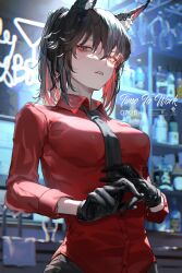 a0lp animal_ears arknights bar_(place) black_gloves black_necktie bodysuit breasts chromatic_aberration commentary_request glass gloves hair_between_eyes highres indoors long_sleeves looking_at_viewer messy_hair multicolored_hair necktie open_mouth ponytail short_hair tagme teeth texas_(arknights) two-tone_hair upper_body watermark