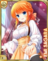 1boy 1girl alternate_hairstyle black_ribbon blue_eyes bow braid breasts character_name cleavage day dress girlfriend_(kari) hair_bow indoors long_sleeves looking_at_viewer mansion medium_hair nervous official_art open_mouth orange_bow orange_hair qp:flapper ribbon sagara_emi stairs stairwell standing tagme yellow_dress