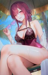 1girl blue_sky breasts crossed_legs day hanato_(seonoaiko) heart heart-shaped_eyewear highres holding holding_removed_eyewear honkai:_star_rail honkai_(series) kafka_(honkai:_star_rail) large_breasts looking_at_viewer one-piece_swimsuit parted_lips purple_eyes purple_hair purple_one-piece_swimsuit shirt sitting sky smile solo swimsuit unworn_eyewear wet white_shirt