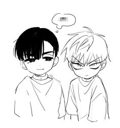 2boys aged_down alien_stage censored censored_text choker closed_mouth commentary fang fang_out frown highres ivan_(alien_stage) looking_at_another looking_to_the_side lubya male_focus multiple_boys red_pupils shirt smile speech_bubble thought_bubble till_(alien_stage) v-shaped_eyebrows