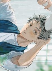 Rule 34 | 1boy, black hair, blush stickers, bokuto koutarou, closed mouth, drying, drying hair, drying own hair, haikyuu!!, hair dryer, highres, holding, holding hair dryer, ilst prac hq, looking at viewer, male focus, messy hair, multicolored hair, shirt, short hair, sideways, slit pupils, solo, streaked hair, towel, towel around neck, two-tone hair, white shirt, yellow eyes