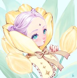 1girl blush bow double_bun eyelashes facial_mark fingernails flower forehead_mark frills green_eyes hair_bun leaf lips looking_at_viewer makeup nose_blush oka-easelandshiro original parted_lips purple_hair rouge_(makeup) short_hair signature solo upper_body yellow_flower