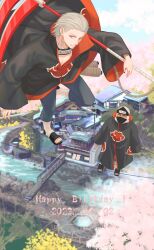 2boys absurdres akatsuki_uniform blue_sky bridge cherry_blossoms closed_mouth cloud cloudy_sky forehead_protector green_eyes grey_hair hidan_(naruto) highres holding holding_scythe holding_weapon kakuzu_(naruto) male_focus mask mouth_mask multiple_boys naruto_(series) naruto_shippuuden ninja ninja_mask outdoors over_shoulder purple_eyes scythe sky standing stream tree village water weapon weapon_over_shoulder yi_(199702090505)
