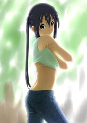 1girl black_hair bra_strap brown_eyes clothes_lift denim female_focus highres jeans k-on! long_hair nakano_azusa oku_no_shi panties pants panty_peek shirt_lift solo twintails underwear undressing