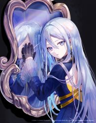 1girl 25-ji_nightcord_de._(project_sekai) backless_dress backless_outfit blue_eyes blue_hair blue_theme character_request commentary_request delta_(naval_flag) different_reflection dress earrings full-length_mirror gloves hand_on_mirror highres jewelry long_hair looking_at_viewer mirror pale_skin pipi_(pipinavigation) project_sekai reflection