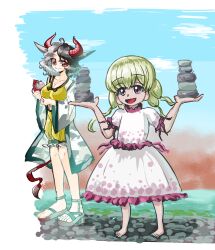 2girls :d animal_ears animal_print barefoot black_hair blonde_hair blue_sky breasts brown_sandals cleavage closed_mouth cloud commentary_request cow_ears cow_girl cow_horns cow_print cow_tail crop_top day dress ebisu_eika full_body grey_hair haori highres horns japanese_clothes large_breasts long_hair looking_at_viewer multicolored_hair multiple_girls navel open_mouth outdoors pebble quad_tails red_eyes red_horns river sandals shippuu_jinnari shirt short_hair shorts sitting sky sleeveless sleeveless_shirt smile split-color_hair tail touhou two-tone_hair ushizaki_urumi white_dress yellow_shirt yellow_shorts