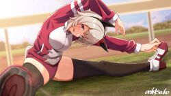 1girl arms_up artist_name blurry blurry_background breasts buruma commentary_request curren_chan_(umamusume) fence grey_hair hairband highres horse_girl jacket looking_at_viewer medium_breasts medium_hair motsutoko purple_eyes shoes sky solo spread_legs thighhighs track_jacket umamusume