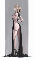 1girl absurdres alternate_costume bangle black_dress black_shoes blonde_hair bracelet breasts closed_eyes closed_mouth dress evelyn_chevalier from_side grey_background hands_on_own_hips high_heels highres jewelry large_breasts multiple_bracelets no_bra no_panties profile ring_hair_ornament shoes sideboob sideless_dress skindentation solo standing strappy_heels thigh_strap thighs two-tone_background white_background yu_pian zenless_zone_zero