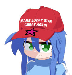 absurdres baseball_cap hat highres izumi_konata jacket lucky_star make_america_great_again mole papyopyo red_hat simple_background track_jacket track_suit