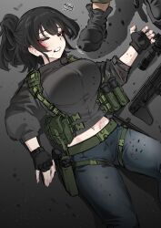 1girl 1other absurdres ammunition_pouch assault_rifle bandit-chan_(k0ng) belt black_boots black_eyes black_gloves black_hair boots bow brown_belt bullpup chest_rig clenched_teeth collared_jacket cropped_jacket fingerless_gloves gloves grey_jacket grey_pants gun hair_bow handgun high_ponytail highres holster jacket k0ng long_hair lying motion_lines on_back on_ground original ots-14_groza pants parted_lips ponytail pouch rifle scope solo squiggle teeth thigh_holster uneven_eyes weapon