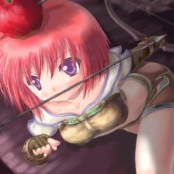 1girl 2000s_(style) apple_on_head arrow_(projectile) arrow_through_apple badbullet bow_(weapon) breasts brown_gloves brown_shirt brown_shorts brown_skirt cowboy_shot cropped_jacket fingerless_gloves gloves holding holding_bow_(weapon) holding_weapon hunter_(ragnarok_online) jacket looking_at_viewer lowres medium_breasts midriff miniskirt mouth_hold pink_hair pointy_ears purple_eyes ragnarok_online shirt short_hair short_shorts short_sleeves shorts shorts_under_skirt skirt solo weapon white_jacket