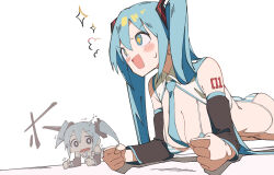 Rule 34 | 200f (nifu), 2girls, :d, absurdres, aqua eyes, aqua hair, ass, bikini, blush, breasts, cleavage, detached sleeves, dual persona, hatsune miku, highres, large breasts, long hair, micro bikini, multiple girls, open mouth, planking, simple background, smile, sparkle, sparkling aura, swimsuit, twintails, vocaloid, white background