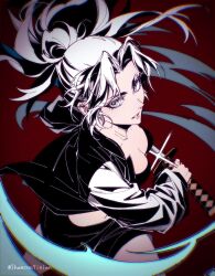 1girl adori_zahard black_shorts breasts cleavage highres katana long_hair looking_at_viewer navel ponytail shancunyinian shorts signature simple_background solo sword teeth tower_of_god weapon white_eyes white_hair
