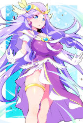 1girl blue_background blue_eyes breasts circlet covered_erect_nipples cure_earth dress earrings elbow_gloves fuurin_asumi gloves hair_ornament healin&#039;_good_precure heart heart_hair_ornament highres jewelry large_breasts long_hair looking_at_viewer magical_girl no_panties precure purple_dress purple_hair ryuuta_(cure_ryuuta) smile solo thighlet thighs tiara very_long_hair white_background white_gloves wind