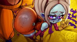 1boy 1girl age_difference aqua_skin artist_name ass colored_skin dragon_ball dragon_ball_daima english_text gloves greatestgori grin highres huge_ass kyojiri_loli looking_at_viewer orange_pants overalls pansy_(dragon_ball_daima) pants pointy_ears purple_eyes purple_scarf red_fur scarf shoes smile smug son_goku super_saiyan super_saiyan_4 sweat teasing thighhighs twintails white_hair yellow_gloves yellow_shoes