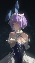 1girl absurdres airool animal_ears arm_cuffs arm_wrap bang_dream! bang_dream!_it&#039;s_mygo!!!!! bare_shoulders blue_dress breasts chinese_commentary cleavage clothing_cutout collar commentary_request cowboy_shot criss-cross_halter dark_background dated detached_collar diamond_(shape) dress dress_ribbon fake_animal_ears finger_to_cheek frilled_cuffs frilled_dress frilled_gloves frills gloves hair_ribbon hairband halterneck hand_on_own_chest hand_up head_tilt highres index_finger_raised looking_at_viewer parted_lips purple_hair rabbit_ears red_eyes ribbon ribbon_trim short_hair side_cutout sidelighting single_sidelock sleeveless sleeveless_dress solo two-tone_dress underbust weibo_username white_collar white_dress white_gloves white_hairband white_ribbon yuutenji_nyamu