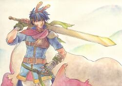 1boy blue_eyes blue_hair bunny_hood_(zelda) come-sta commentary_request fire_emblem fire_emblem:_path_of_radiance headband holding holding_sword holding_weapon ike_(fire_emblem) male_focus nintendo ragnell short_hair sleeve_rolled_up solo super_smash_bros. sword torn_sleeve two-sided_fabric weapon