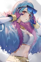 1girl black_choker blue_hair blush breasts choker cleavage commentary_request cosplay eyewear_on_head gloves highres looking_at_viewer manon_legrand manon_legrand_(cosplay) open_mouth orange_eyes ringozeri shiranami_ramune solo street_fighter sunglasses virtual_youtuber vspo!