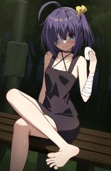 1girl absurdres ahoge alternate_costume bandaged_arm bandages bare_legs bare_shoulders black_dress bow breasts chuunibyou_demo_koi_ga_shitai! closed_mouth collarbone criss-cross_halter crossed_legs dorsiflexion dress eyepatch feet food foot_out_of_frame hair_bow hair_over_one_eye halterneck hand_up highres holding looking_at_viewer medical_eyepatch medium_hair night on_bench one_eye_covered one_side_up onigiri outdoors purple_hair shirt short_dress sitting sleeveless sleeveless_dress small_breasts smile soles takanashi_rikka toenails toes x_xith_x yellow_bow