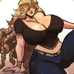 1girl 2024 alternate_costume arm_support armlet black_shirt blonde_hair blue_pants bracelet breasts casual circlet cleavage closed_mouth collarbone commentary denim elden_ring english_commentary expressionless feet_out_of_frame female_focus freckles freckles_on_breasts fromsoftware gold gradient_background hair_over_one_eye highres huge_breasts jeans jewelry large_breasts legs_apart long_hair low-braided_long_hair low-tied_long_hair mature_female misterfeelgood necklace pants queen_marika_the_eternal red_lips red_nails shiny_skin shirt simple_background solo thick_lips thick_thighs thighs toon_(style) variant_set very_long_hair yellow_eyes