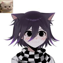 1boy :3 animal_ear_fluff animal_ears black_eyes black_hair blush cat cat_boy cat_ears checkered_clothes checkered_scarf commentary danganronpa_(series) danganronpa_v3:_killing_harmony dilated_pupils flipped_hair hair_between_eyes looking_at_viewer male_focus medium_hair oma_kokichi photo_inset portrait purple_hair reference_inset scarf simple_background solo songpyeon_(sssssong) two-tone_scarf white_background