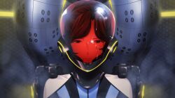 1girl assault_visor bare_shoulders blue_bodysuit bodysuit brown_eyes brown_hair clothing_cutout collarbone crack cracked_glass cracked_helmet cracked_mask cracked_visor exoskeleton fukuda_tomonori game_cg hair_over_shoulder helmet highres indoors lipstick long_hair looking_at_viewer makeup mature_female mecha_interior mecha_pilot_suit non-web_source official_art parted_bangs pilot piloting red_lips red_visor robotics;notes senomiya_misaki shiny_lips shoulder_cutout sitting skin_tight solo vertical-striped_bodysuit